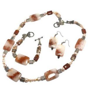 Handmade Jewelry Set by Surdigirl - Red Pulse Quartz, Jasper, Pearl